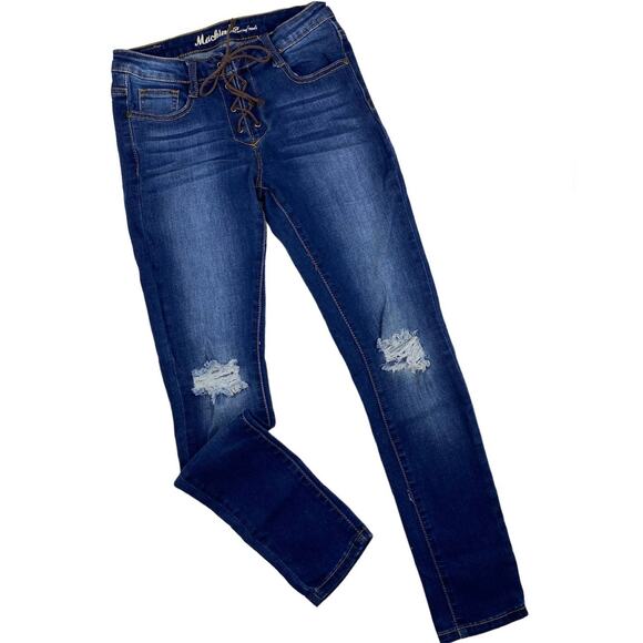 Machine Nouvelle Mode Distressed Jeans Blue Skinny Juniors sz 3 Lace Up Fly - Picture 1 of 12